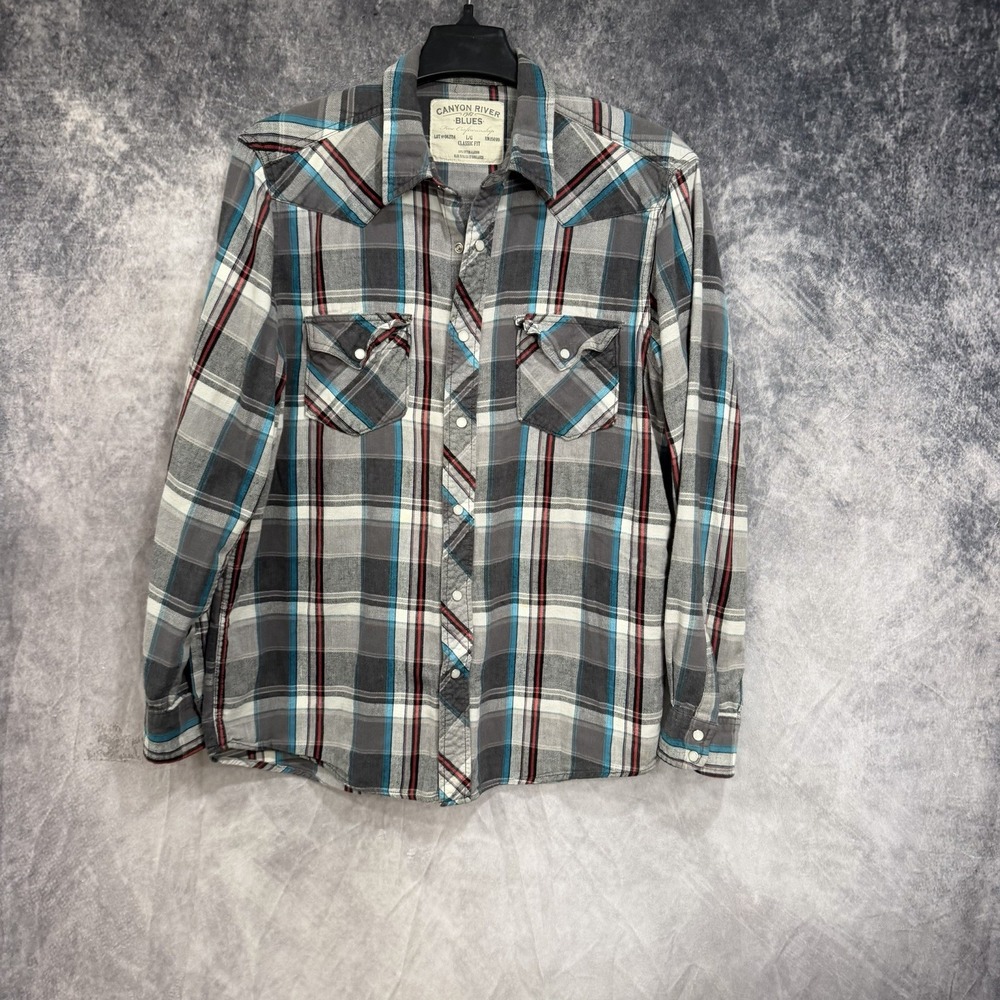 Canyon River Blues Men's Large Gray Plaid Western Pearl Snap Shirt Classic Fit